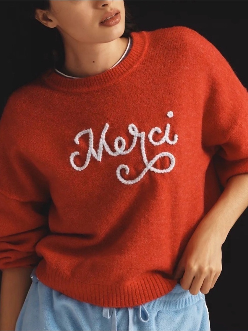 Sundry Merci Sweater XL Red Graphic Crewneck Oversized Anthropologie - Picture 3 of 9